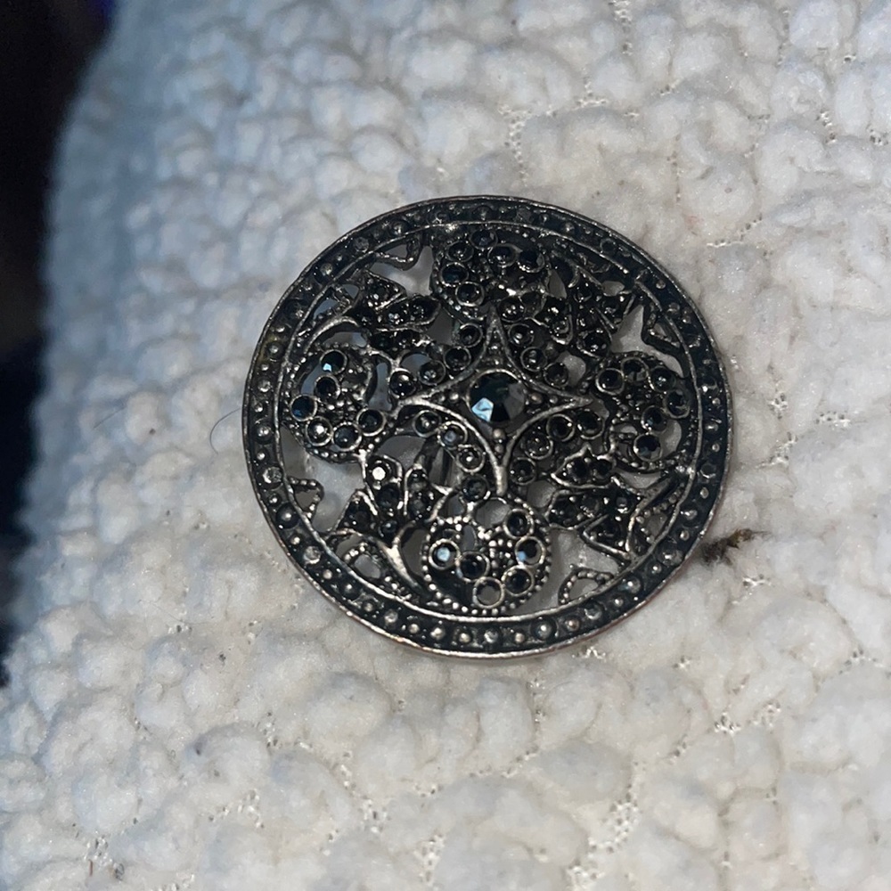 VTG Silver Tone Brooch with Black stones